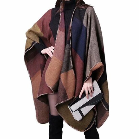 NWT Fall-Colored Plaid Cape, Autumn Winter Shawl, Reversible Wrap, Open Poncho - Picture 2 of 4